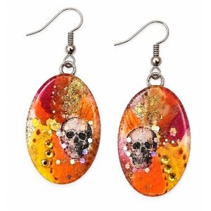 Skull Resin Dangle Earrings Orange Glitter Rhinestone Goth Halloween OOAK